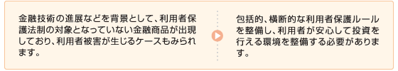 金融技術の進展などを背景として、利用者保護法制の対象となっていない金融商品が出現しており、利用者被害が生じるケースもみられます。→包括的、横断的な利用者保護ルールを整備し、利用者が安心して投資を行える環境を整備する必要があります。