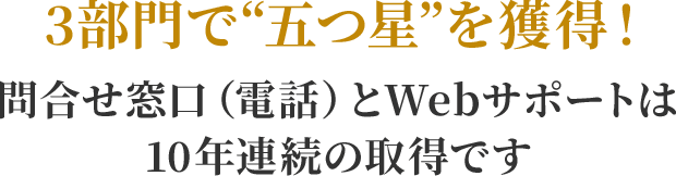 3部門で“五つ星”を獲得！ 問合せ窓口（電話）とWebサポートは10年連続の取得です