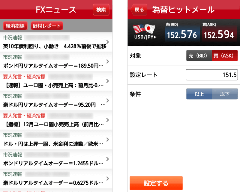 野村FXアプリ　FXニュース画面、為替ヒットメール機能