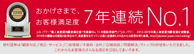 おかげさまで、お客様満足度7年連続NO.1 J.D. パワー“投資サービス満足度7年連続No.1<対面証券部門>” 野村證券は「顧客対応」「商品・サービス」「口座情報」「手数料・金利」「店舗施設」「問題解決」でトップの評価をいただきました。これからもお客様のさらなる満足を目指してまいります。