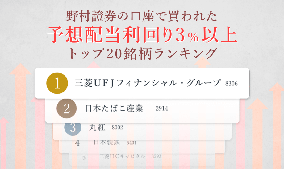 野村證券の口座で買われた「予想配当利回り3％以上」銘柄トップ20をご紹介のイメージ