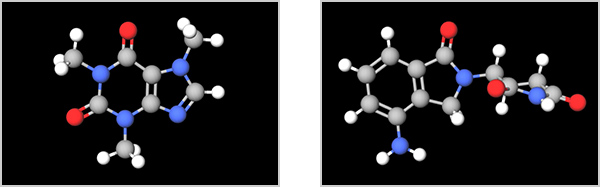 図2：カフェイン（左）とレナリドミド（右）の分子構造