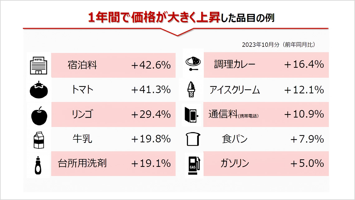 1年間で価格が大きく上昇した品目の例