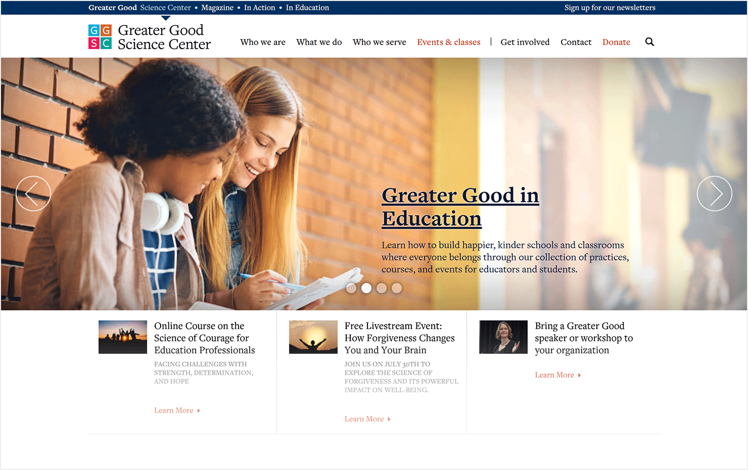 GGSC(The Greater Good Science Center at the University of California, Berkeley)カリフォルニア大学バークレー校のGreater Good Science Centerウェブサイトのトップページ