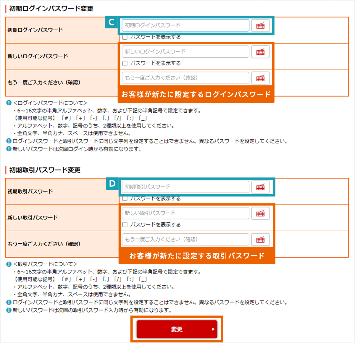 初期パスワードの変更：C 現在のログインパスワード／お客様が新たに設定するログインパスワード　D 現在の取引パスワード／お客様が新たに設定する取引パスワード