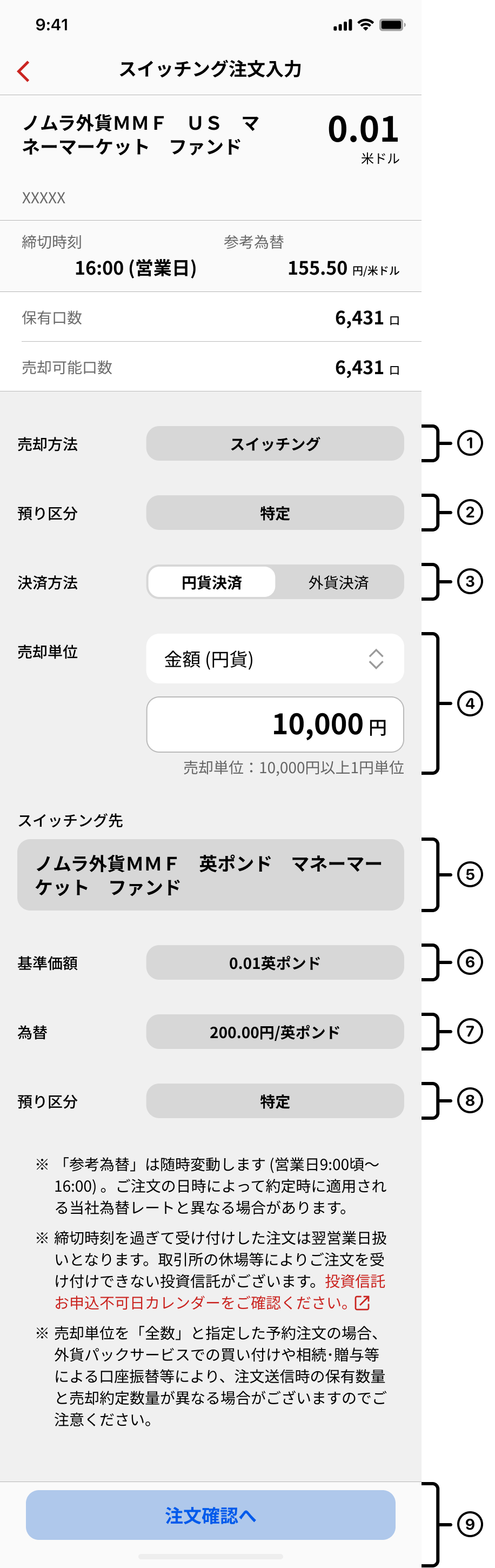 スイッチング注文入力