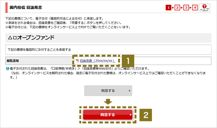 投信目論見書の確認、同意 オンラインサービス画面1,2
