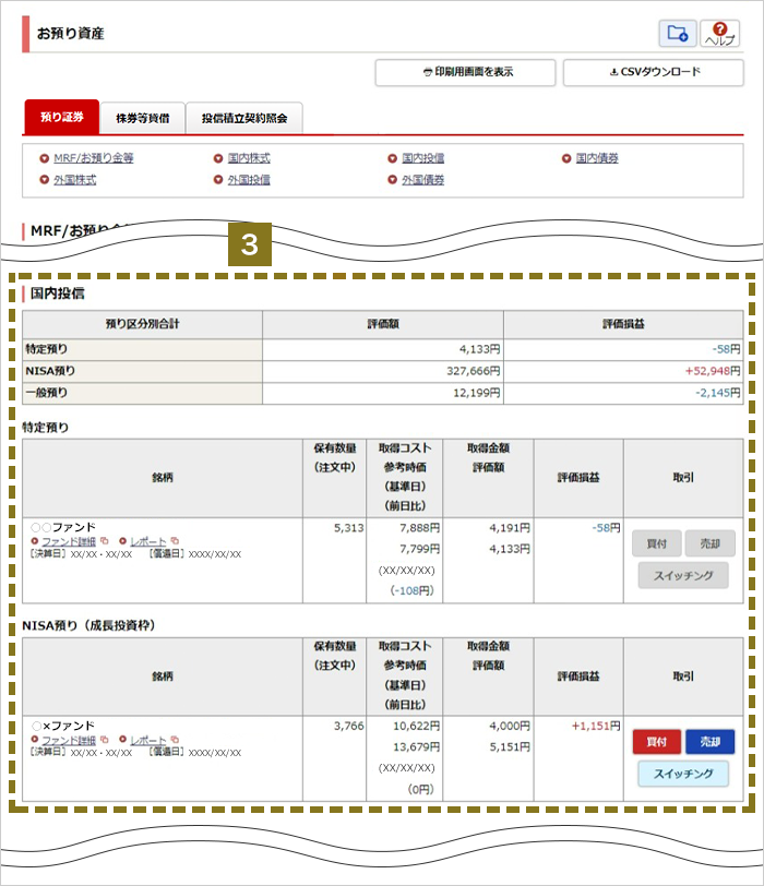 お預り資産のご確認 オンラインサービス画面3