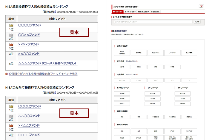 ランキングやファンド検索機能を使って、積み立てるファンドをご選択ください。