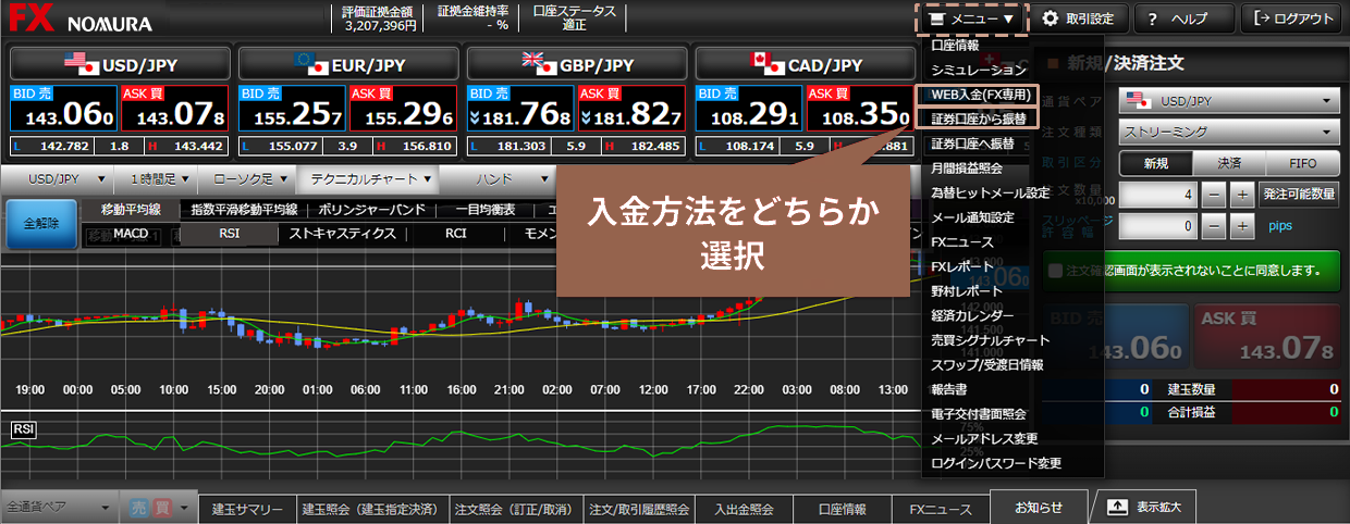 ノムラFX口座へ資金を入金するのイメージ