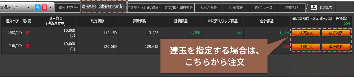 ＜建玉を指定して決済する方法＞のイメージ