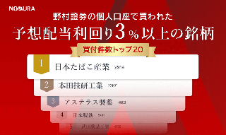 野村證券で買われた「高配当利回り」銘柄トップ20（2023年12月～2024年2月）のイメージ