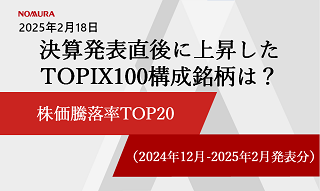 決算発表直後に上昇したTOPIX100構成銘柄は？ 株価騰落率TOP20（2024年12月-2025年2月発表分）のイメージ