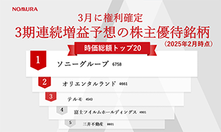 3月に権利確定　3期連続増益予想の株主優待銘柄　時価総額ランキングトップ20（2025年2月時点）のイメージ