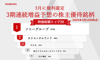 3月に権利確定　3期連続増益予想の株主優待銘柄　時価総額ランキングトップ20（2025年3月10日時点）のイメージ