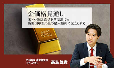 金（ゴールド）価格見通し　米ドル先高感で下落基調でも新興国中銀の金の購入傾向に支えられる　野村證券・髙島雄貴のイメージ
