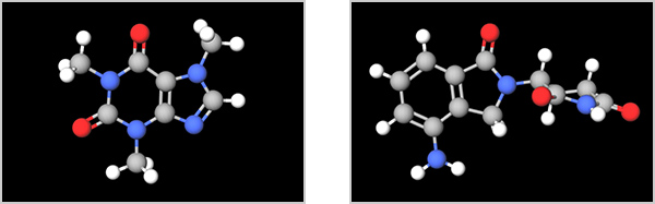 図2:カフェイン(左)とレナリドミド(右)の分子構造